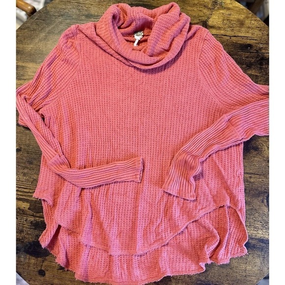 Free People Sweaters - Free People Size S We The Free Coral Waffle Knit Cowl Neck Hi-Lo Sweater